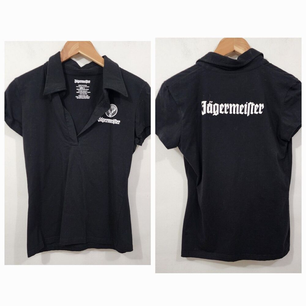 Jagermeister Knit Polo Shirt Top Short Sleeve Black White Logo Women's Size L